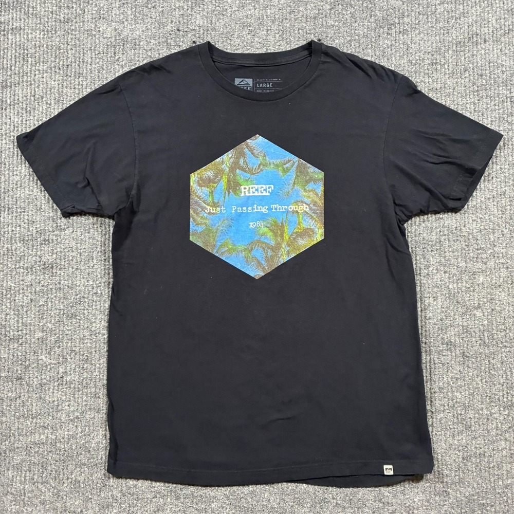 REEF Mens Black Graphic T Shirt Size Large Palm Tree Surf Skate Casual‎ Tee